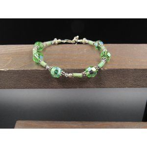 7 Inch Sterling Silver Green Crystal And Stone Bracelet